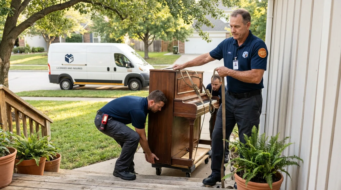 Licensed piano movers securing grand piano in Saguache, CO