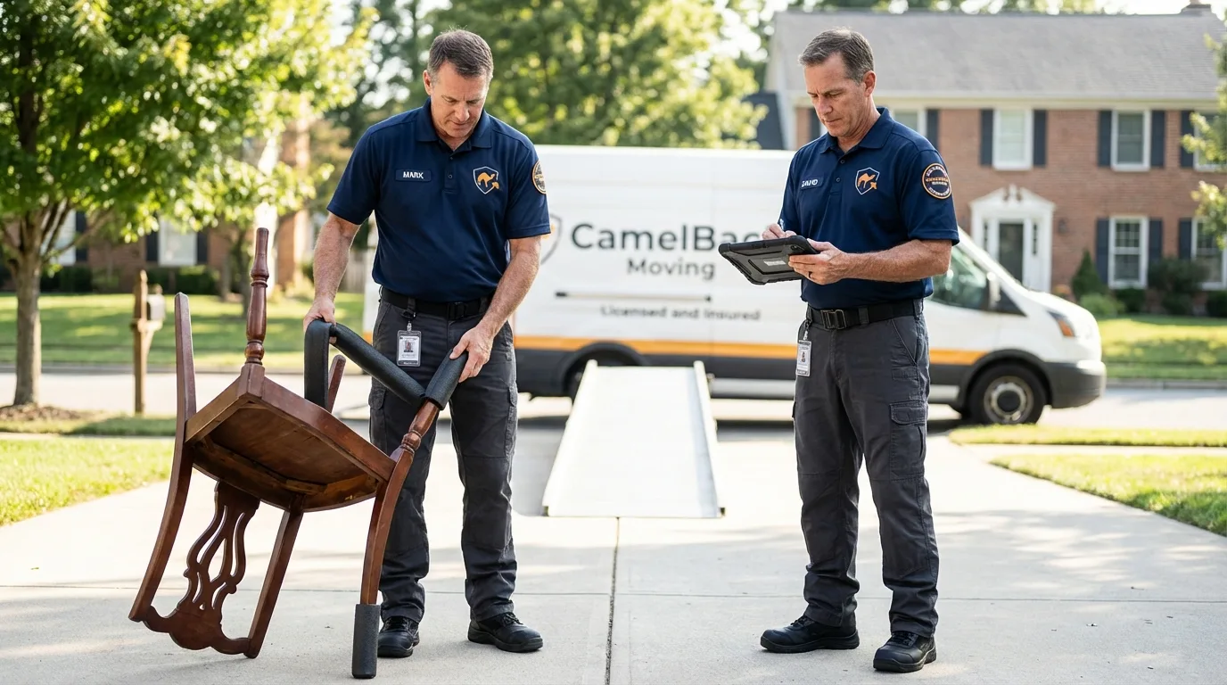 Movers inspecting furniture for damage prevention before loading in Saguache, CO