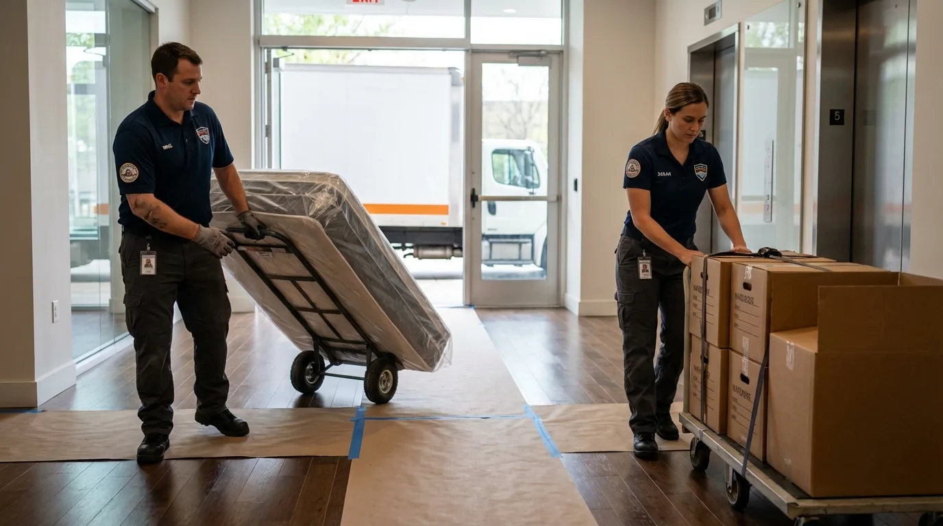 Professional apartment movers loading elevator in Saguache, CO