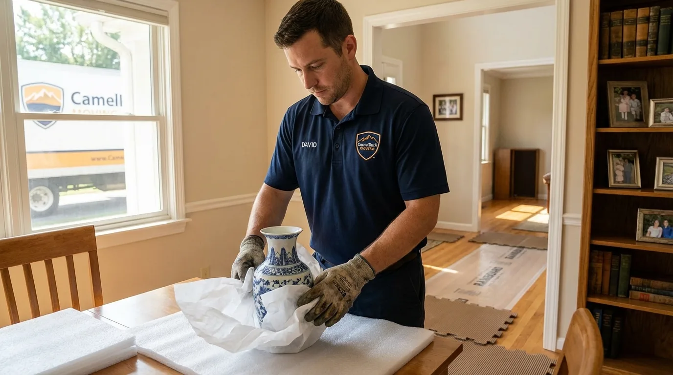 Professional crew carefully wrapping antique vase for senior downsizing move in Saguache, CO
